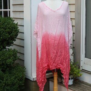 Pink Coral Ombre Viscose Short Sleeve V-Neck Long Shark Bite Hem Beach Coverup